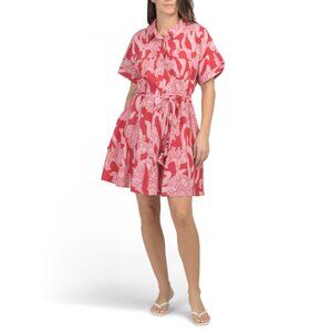 LEA Red/pink Linen Blend Short Sleeve Floral Mini Shirt Dress